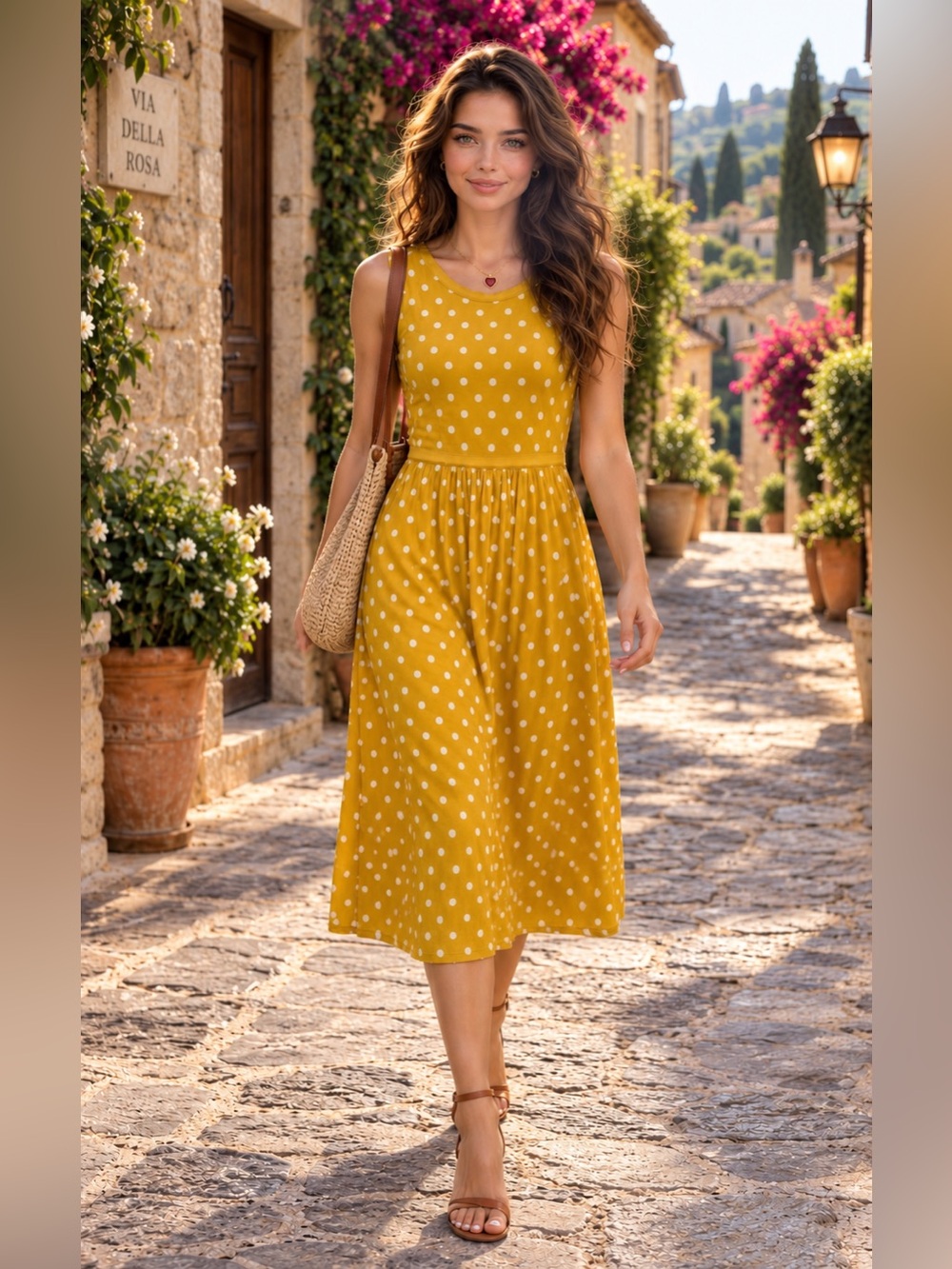 BODEN Eleanor Jersey Midi Dress US 8L Mustard Yellow Polka Dot Fit Flare Viscose
